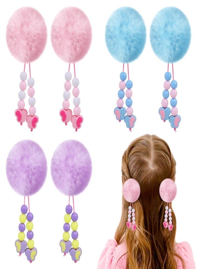 CN 6PCS Pom Pom Hair Bow Clips for Girls, Colorful Fur Ball Fluffy Bows for Girls with Butterfly,Cute Hair Accessories with Alligator Clips for Kids Toddlers Women - Image 1